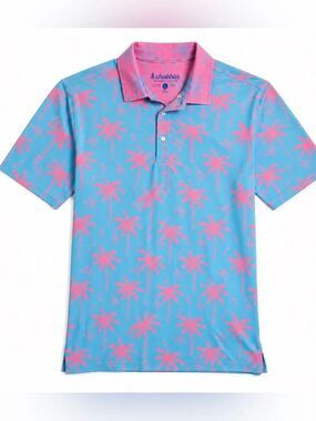 Chubbies Tropical Palm Polo Shirt Mens Large Pink Blue Resort Casual